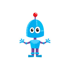 vector flat cartoon funny friendly robot. Small Humanoid boy character with legs arms, with locator on head without mouth . Isolated illustration on a white background. Childish futuristic android.