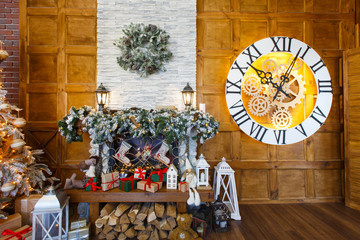 Cozy christmas interior with decorated fireplace