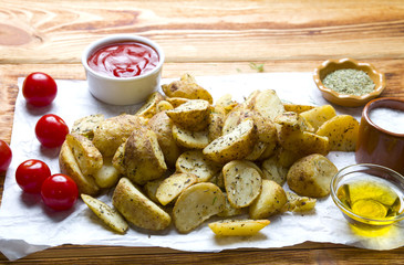 Roasted potatoes with spices on wood