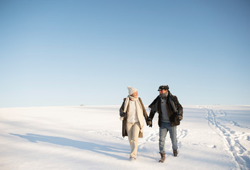 Beautiful senior couple on a walk, winter day.