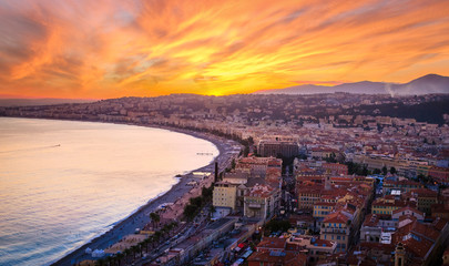 Naklejka na ściany i meble Sunset aerial view of Nice, Cote d'Azur, French Riviera, France