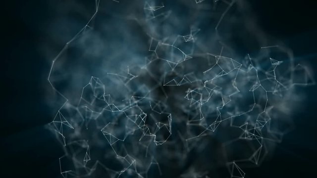 Network Connection Cloud Loop background, rotating blue mesh cloud with white dots and lines with depth-of field effect.seamless loop.