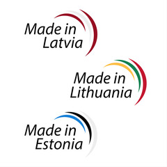 Simple logos Made in Latvia, Made in Lithuania and Made in Estonia, vector logos with Latvian, Lithuanian and Estonian colors