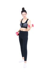 Young Asian woman in sportswear lifting red dumbbells isolated on white background