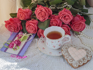 flower, cup, tea, rose, romantic, food, breakfast, dessert