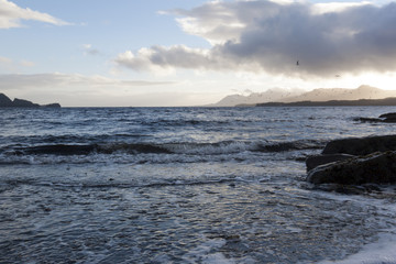 Obraz premium Ocean Waves, Glowing Mountains, and Seagulls