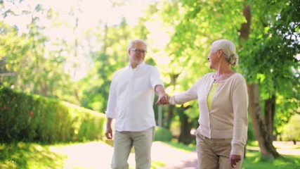 happy senior couple walking at summer city park - Powered by Adobe