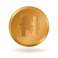 Realistic golden coin with Naira sign. Symbol of Nigerian monetary unit. Stock vector illustration