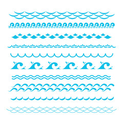 Blue ocean waves. Sea wave vector silhouette signs. Water graphic elements isolated
