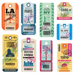 Retro travel luggage labels and baggage tickets with flight symbol vector collection