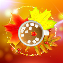 Autumn maple leaf and rowan branches with ashberry and cup of coffee with marshmallow on a orange background. Vector illustration