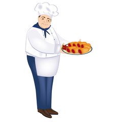 Cakes. The chef smiles. Cute chef carries fresh pastries cakes biscuits and cookies on a tray. Pretty chef smiling in uniform. Vector for a menu, presentation or advertising of cafes and restaurants.