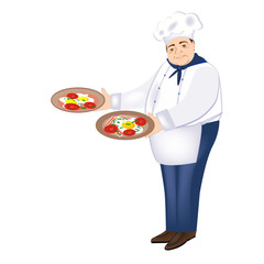 The chef smiles. The chef cooked fried eggs with bacon, tomatoes and herbs. Vector illustration for a menu, presentation or advertising of cafes and restaurants.
