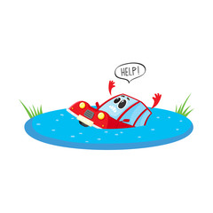 vector flat cartoon stylized drowing car character with face and arms saying help. Colored vehicle, Automobile natural accident insurance concept. Isolated illustration on a white background.