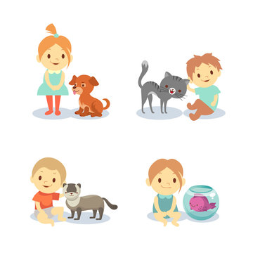 Kids and pets isolated on white background - boys and girls with animals