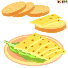 Cheese, sliced for sandwiches on the plate. Bread sliced for sandwiches. Cheese sandwich. Vector illustration for recipe, menu restaurant, kitchen interior d