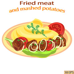 Kebab and garnish. Meat and potatoes. Fried steak and mashed potatoes. Fried kebab, potato, green vegetables and tomatoes in the plate. Vector illustration isolated on white background. 