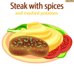 Meatballs and mashed potatoes. Steak grilled. Meat rissole, potato, green vegetables and tomatoes in the plate. Fried cutlet and garnish. Vector illustration.