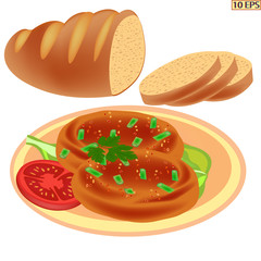 Fried cutlet. Meatballs and bread. The roasted steak on the plate isolated on white background. Meat rissoles, spices and green vegetables. Vector illustration for a recipe, restaurant menu, kitchen i