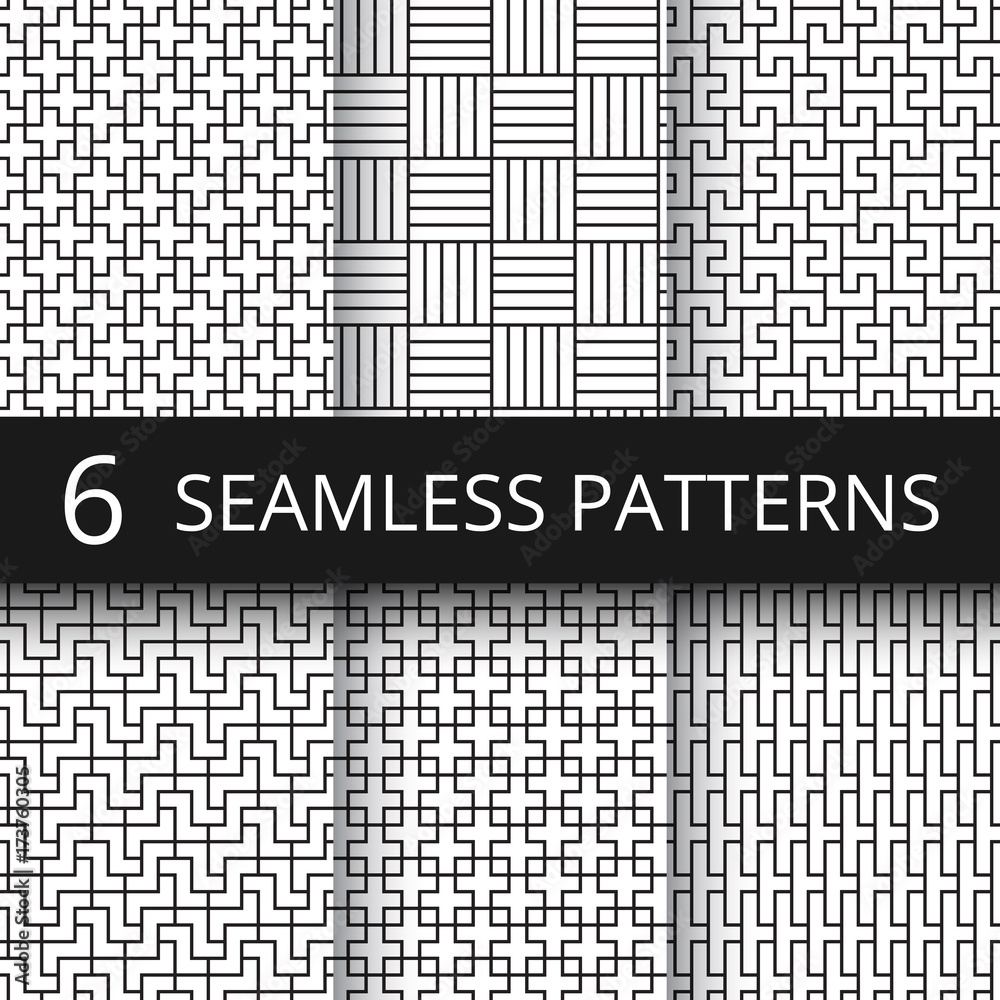 Poster geometric seamless vector patterns set. modern line repeat graphics with simple geometrical shapes