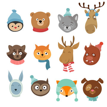 Winter xmas happy animals cartoon characters. Animals heads with neckerchief and hats vector set
