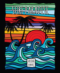 Vintage hawaii aloha surf graphic with ocean waves and palm trees vector t-shirt design - obrazy, fototapety, plakaty