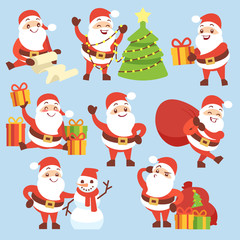 Cartoon cute santa claus character vector set. Symbol of christmas holiday