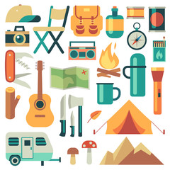 Tourists equipment and travel accessories vector set. Forest camping and hiking flat elements