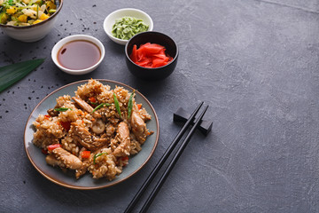 Beef teriyaki with rice bow, copy space