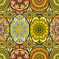 Seamless pattern tile with mandalas. Vintage decorative elements. Hand drawn background. Islam, Arabic, Indian, ottoman motifs. Perfect for printing on fabric or paper.