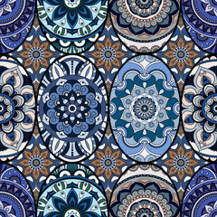 Seamless pattern tile with mandalas. Vintage decorative elements. Hand drawn background. Islam, Arabic, Indian, ottoman motifs. Perfect for printing on fabric or paper.