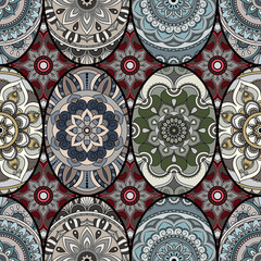 Seamless pattern tile with mandalas. Vintage decorative elements. Hand drawn background. Islam, Arabic, Indian, ottoman motifs. Perfect for printing on fabric or paper.