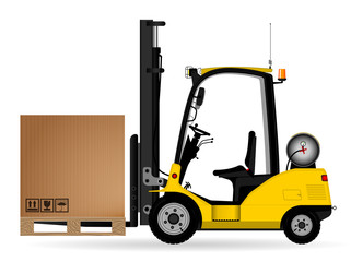 Yellow warehouse forklift with a cardboard box on the pallet. Side view. Warehouse, delivery and transportation of goods. Side view.