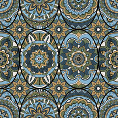 Seamless pattern tile with mandalas. Vintage decorative elements. Hand drawn background. Islam, Arabic, Indian, ottoman motifs. Perfect for printing on fabric or paper.