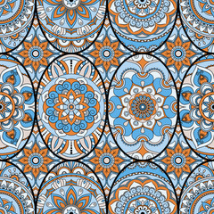 Seamless pattern tile with mandalas. Vintage decorative elements. Hand drawn background. Islam, Arabic, Indian, ottoman motifs. Perfect for printing on fabric or paper.