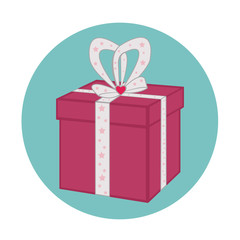 Pink gift box with white ribbon and red heart icon circle pattern on blue background.