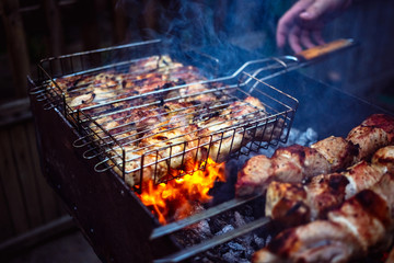 Grilled kebab cooking on metal grill frame. Roasted meat cooked at barbecue with smoke. Close up BBQ fresh chicken meat slices. Traditional eastern dish