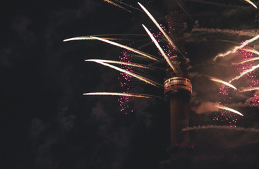 fireworks near the tower at night