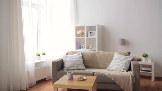 sofa with cushions at cozy home living room