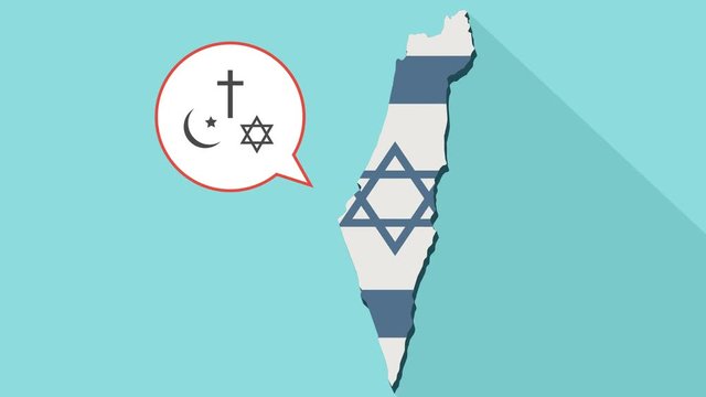 Animation of a long shadow Israel map with its flag and a comic balloon with all three main monotheism religions