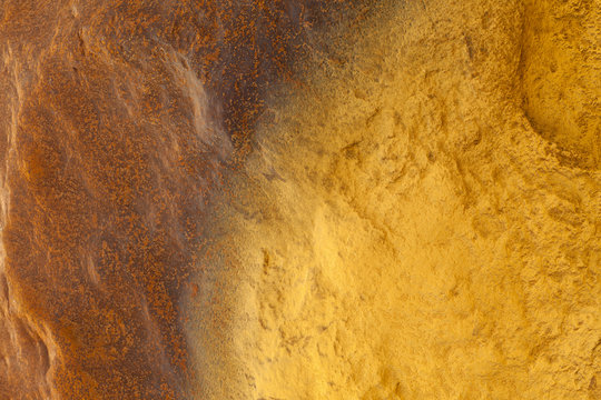 Aerial shot oxidised old mining iron minerals in water Rio Tinto