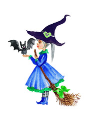 Watercolor little witch and bat on white background. Painting children illustration. Hand drawn halloween cartoon characters