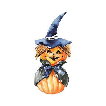 Watercolor halloween illustration. Hand drawn pumpkin scarecrow on white background