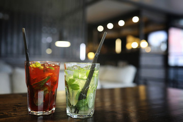 A table in a cafe with objects