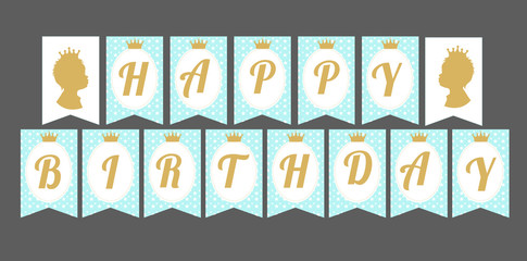 Printable template flags. Cute  pennant banner as  flags with letters Happy Birthday in prince style. Baby pattern. Blue and gold design elements. Royal style with a crown for little boy party