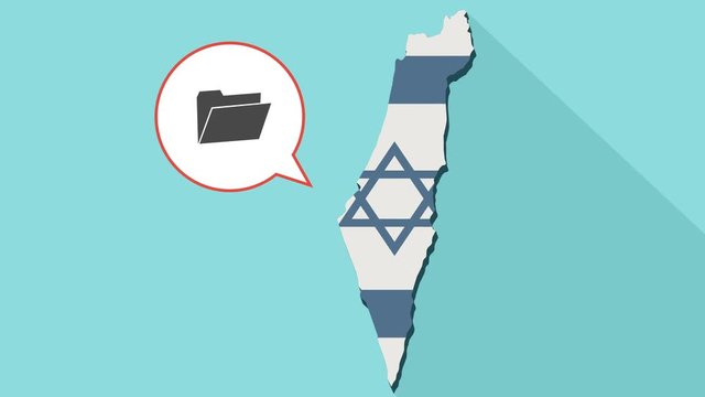 Animation of a long shadow Israel map with its flag and a comic balloon with a folder
