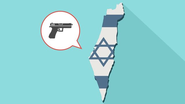 Animation of a long shadow Israel map with its flag and a comic balloon with a gun