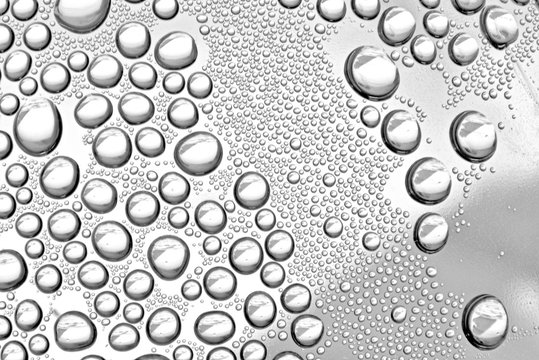 Closeup macrophotograph macro of water droplets condensed on a clear curved surface