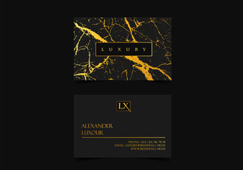 Elegant black luxury business cards with marble texture and gold detail vector template, banner or invitation with golden foil details. Branding stylish identity graphic design.