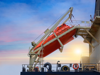 Life boat station at afterward/stern of cargo vessel.